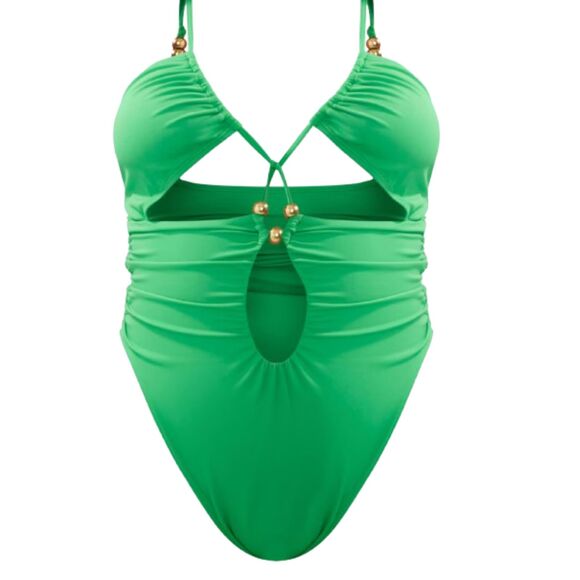 Pretty Little Thing NWT Plus Green Bead Detail Ruched Cut out Swimsuit Size 18 - Picture 2 of 5